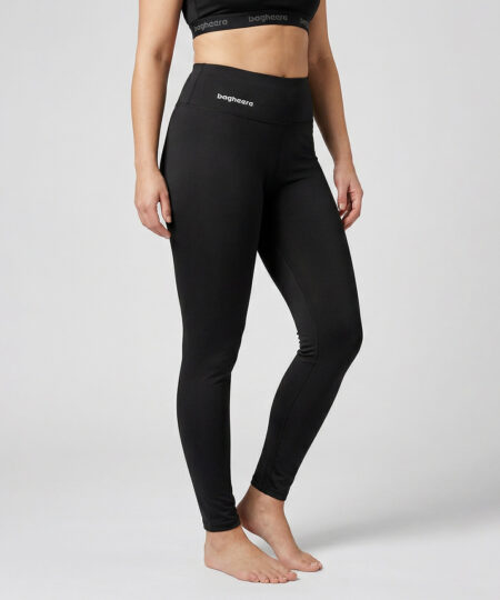 Kvinnlig modell visar ett par svarta enklare träningstights med hög midja. Modellen strår framifrån i en studio med ljusgrå bakgrund.