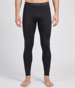Manlig modell visar ett par svarta Clima Pants lager-2 underställsbyxor. Modellen visar byxorna framifrån i en studio med ljusgrå bakgrund.