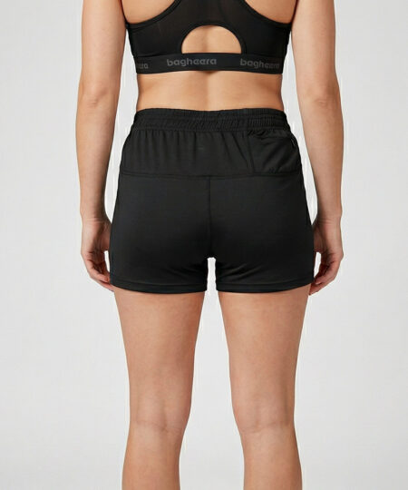 Kvinnlig modell visar ett par svarta korta träningstights. Modellen står snett bakifrån i en studio med ljusgrå bakgrund.