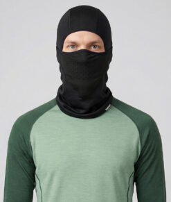 The Bagheera Black Combo Balaclava has a windproof membrane at the front, perfect for chilly conditions. The image shows a male model from the front.