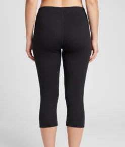 Kvinlig modell visar ett par svarta knälånga lite tjockare underställsbykor. Modellen visar byxorna bakifrån i en studio med ljusgrå bakgrund.