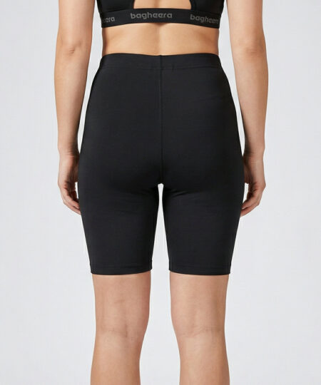 Kvinnlig modell visar ett par svarta korta tränings tights. Modellen står bakifrån i en studio med ljusgrå bakgrund.