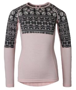 Ljusrosa underställströja i 100% merino med mörkgrått dalecarlianmönster upptill och på överarmarna för junior. Bilden visar tröjan framifrån.