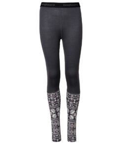 Mörkgrå underställsbyxa i 100% merino med rosa/vitt dalecarlianmönster nere vid vaderna för junior. Bilden visar byxorna framifrån.