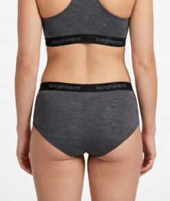 Merino Brisk Hipsters have the perfect combination of materials. The unique properties of wool combined with the durable Lyocell fiber create a soft and comfortable quick-drying panty.  The image shows a female model from behind.