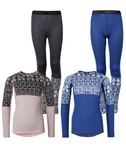 Ljusosa eller marinblå underställströja och byxa i 100% merino med dalecarlianmönster för junior. Bilden visar en top och byxa i ett paket.