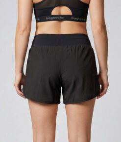 Kvinnlig modell visar ett par svarta korta tränings shorts. Modellen står bakifrån i en studio med ljusgrå bakgrund.