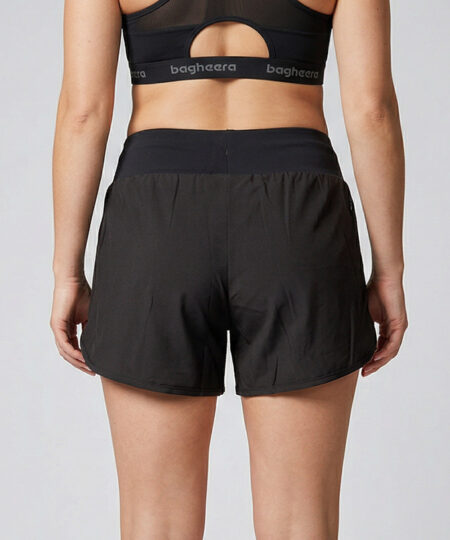 Kvinnlig modell visar ett par svarta korta tränings shorts. Modellen står bakifrån i en studio med ljusgrå bakgrund.