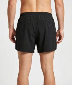 Manlig modell visar ett par svarta sprint shorts. Modellen står bakifrån i en studio med ljusgrå bakgrund.