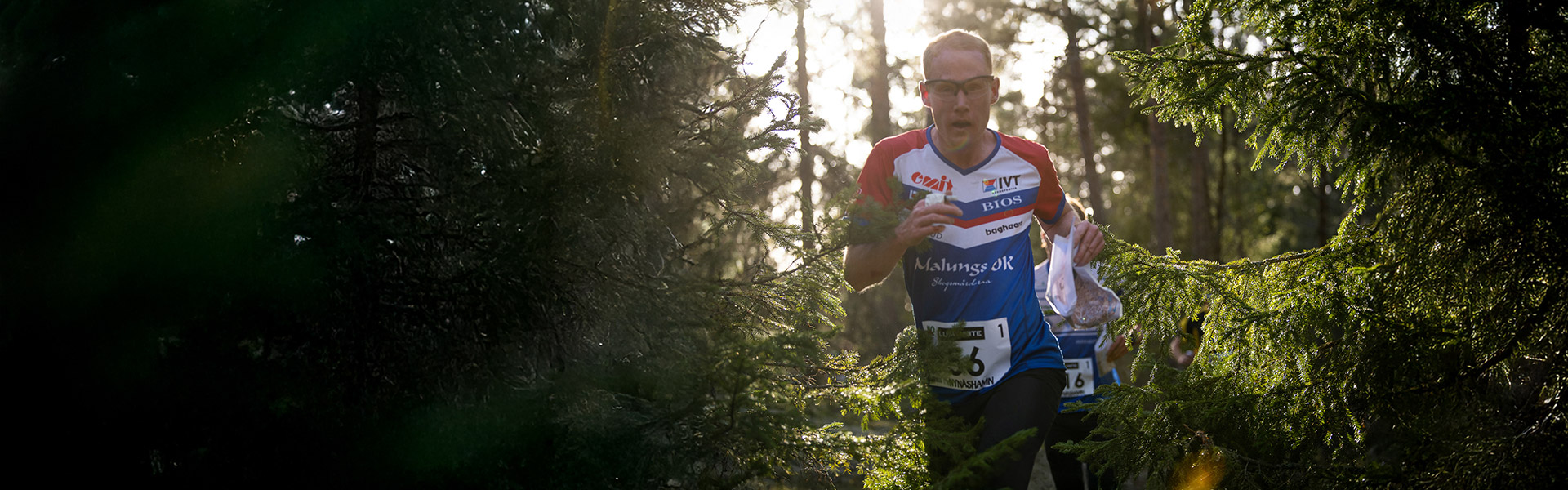 Manlig orienterare som springer i tät skog, solen lyser mellan träden. Kläderna är Malungs oks tävlingskläder.