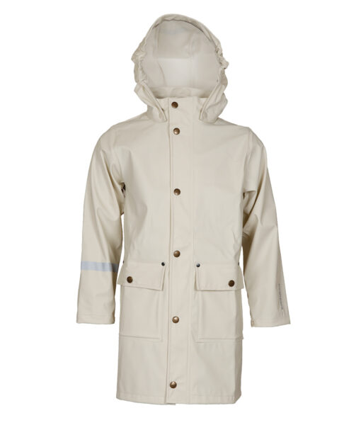 Off-white long rain jacket with hood for children.