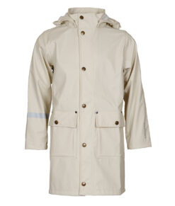 Naturvit lång regnjacka med huva för barn.