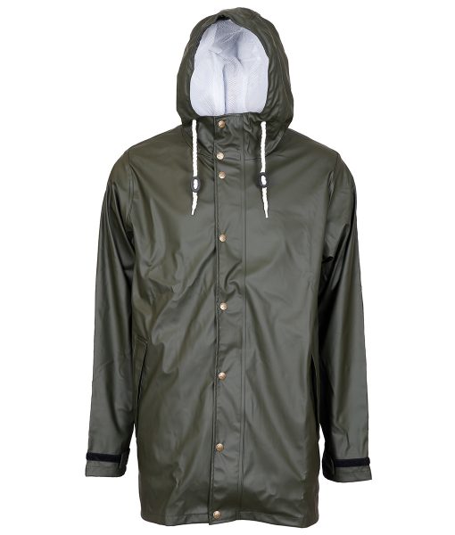 Skogsgrön lång regnjacka med huva för herr.