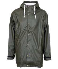 Skogsgrön lång regnjacka med huva för herr.