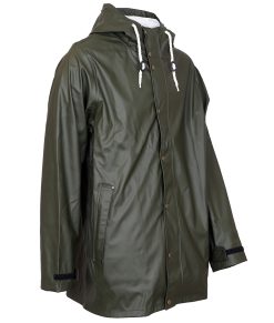 Skogsgrön lång regnjacka med huva för herr.