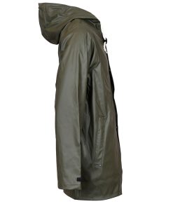 Skogsgrön lång regnjacka med huva för herr.