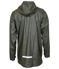 Skogsgrön lång regnjacka med huva för herr.