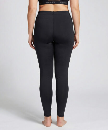 Kvinnlig modell visar ett par svarta mjuka och följsamma tights. Modellen står bakifrån i en studio med ljusgrå bakgrund.