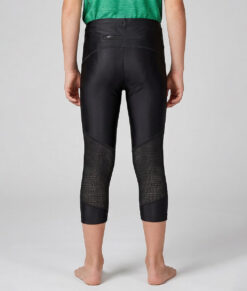 En killmodell på 12 år visar ett par svarta 3/4 långa race tights. Modellen står bakifrån i en studio med ljusgrå bakgrund.