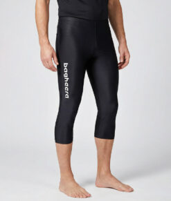 Manlig modell visar ett par svarta trekvarts långa race tights. Modellen står framifrån i en studio med ljusgrå bakgrund.