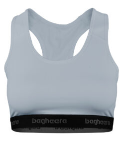 Ljusgrå sport-bh tillverkad i kompressionstyg. Bilden visas framifrån.