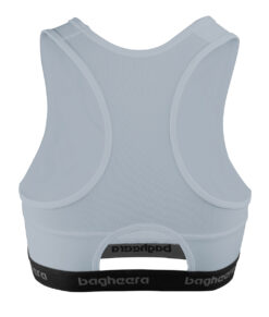 Ljusgrå sport-bh tillverkad i kompressionstyg. Bilden visas bakifrån.