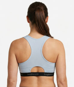 Light grey Sports Bra is made of compression fabric that provides proper support for fast-paced forms of exercise that involve a lot of movement. The image shows a female model from behind.