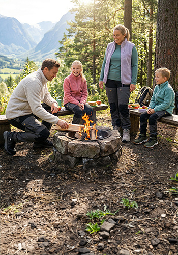Family sitting by a campfire in nature. The forest and mountains surround them. The family is wearing Bagheera adventure pants and comfy sweaters.