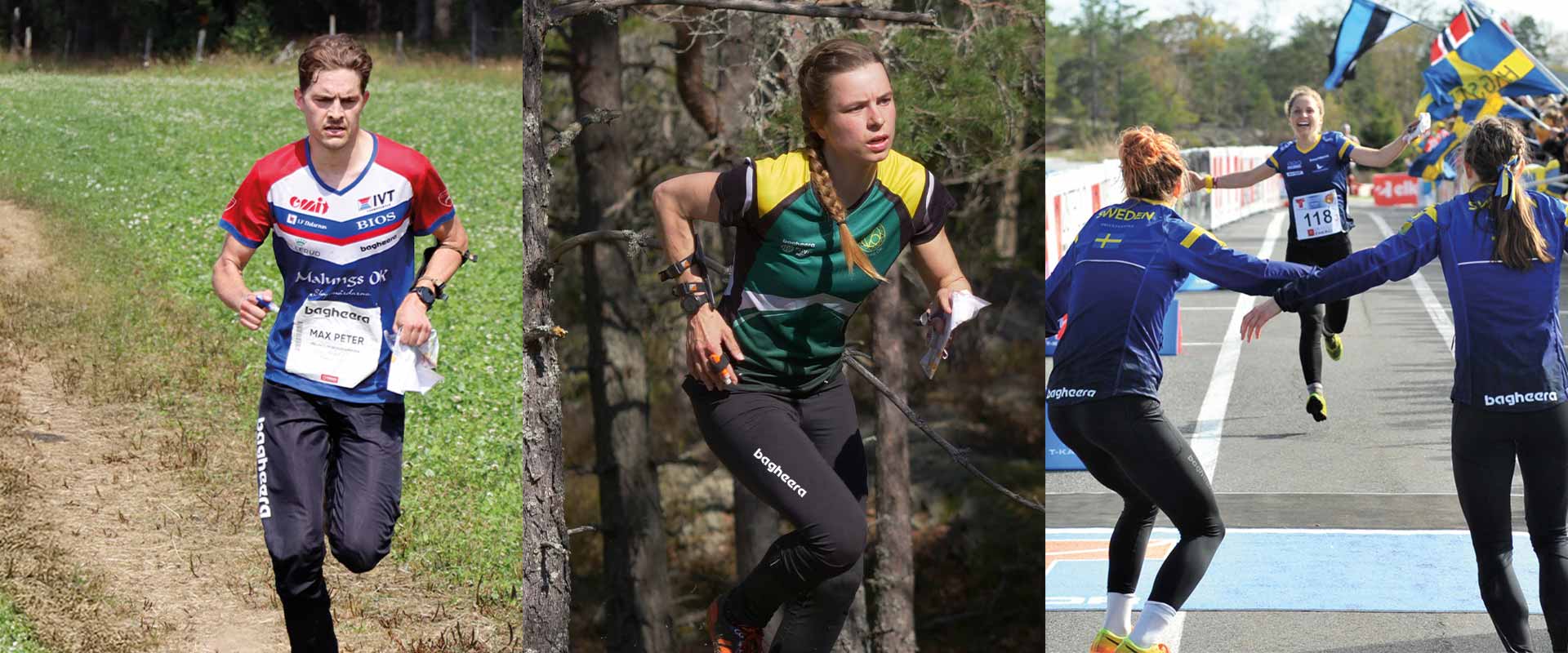 Manlig orienterare springer på fält i Malungs OKs kläder. Kvinlig orienterare springer i skogen i Västervikskläder. Orienteringslandslaget går i mål.
