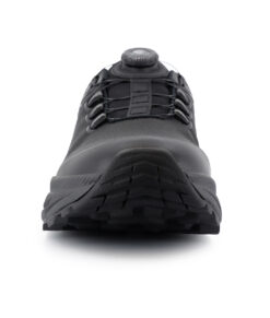 Bagheera walker is a black waterproof walking shoe with a quick lacing system in a unisex model. The picture shows the shoe from the front against a white studio background.