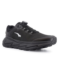 Bagheera walker is a black waterproof walking shoe with a quick lacing system in a unisex model. The picture shows the shoe from the front diagonally against a white studio background.