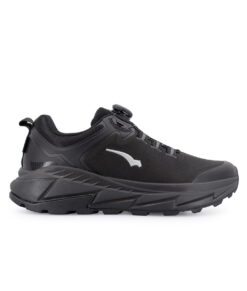 Bagheera walker is a black waterproof walking shoe with a quick lacing system in a unisex model. The picture shows the shoe from the side against a white studio background.
