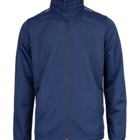 Marinblå vind- och vattentät träningsjacka Selva för herr i en studio med vit bakgrund. Jackan visas framifrån.