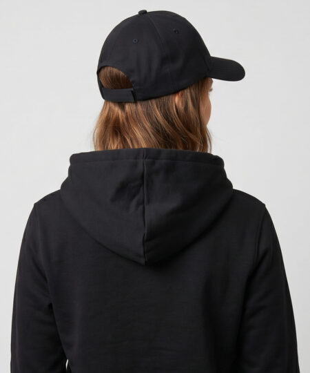 Kvinlig modell visar en svart keps. Modellen har på sig en svart o-ringen göteborg 2026 hoodie bakifrån i en studio med grå bakgrund.