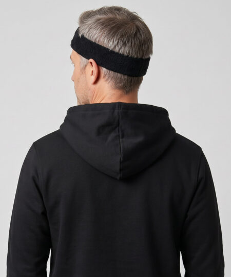 Manlig modell visar ett svart klassiskt frotépannaband. Modellen har på sig en svart o-ringen göteborg 2026 hoodie bakifrån i en studio med grå bakgrund.