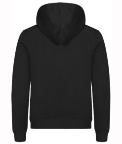 Svart hoodie visas bakifrån mot vit bakgrund.