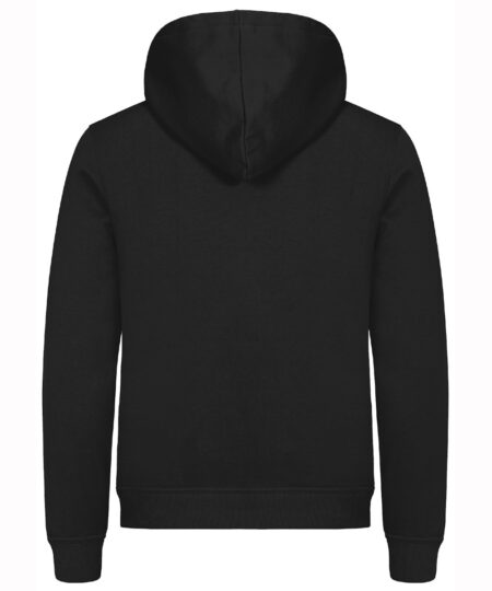 Svart hoodie visas bakifrån mot vit bakgrund.