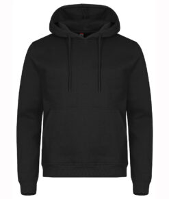 Svart hoodie visas framifrån mot vit bakgrund.