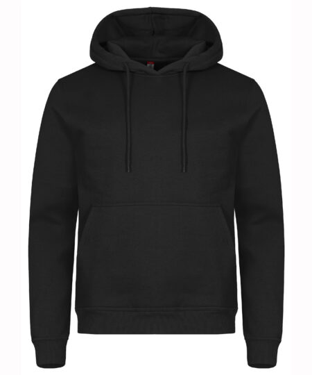 Svart hoodie visas framifrån mot vit bakgrund.