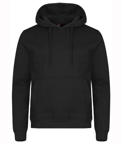 Svart hoodie visas framifrån mot vit bakgrund.