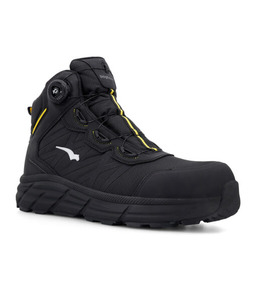 Black and yellow bagheera work boot with safety class S7S CI in unisex model. The image shows the left side of the shoe diagonally from the front against a white background.