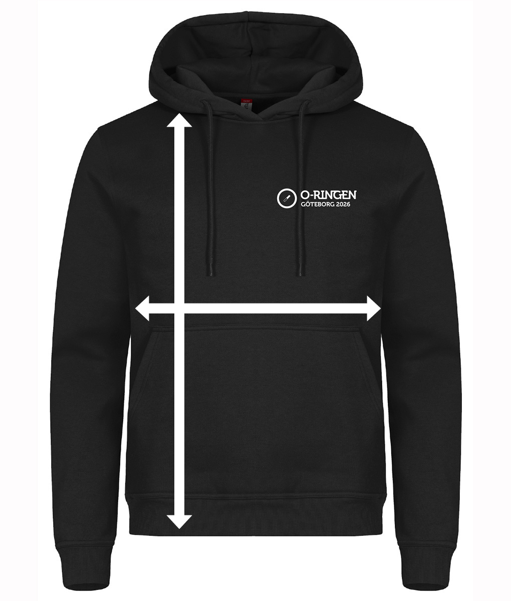 Svart hoodie med en vit o-ringen göteborg 2026 logo på bröstet. Hoodien visas framifrån mot vit bakgrund.