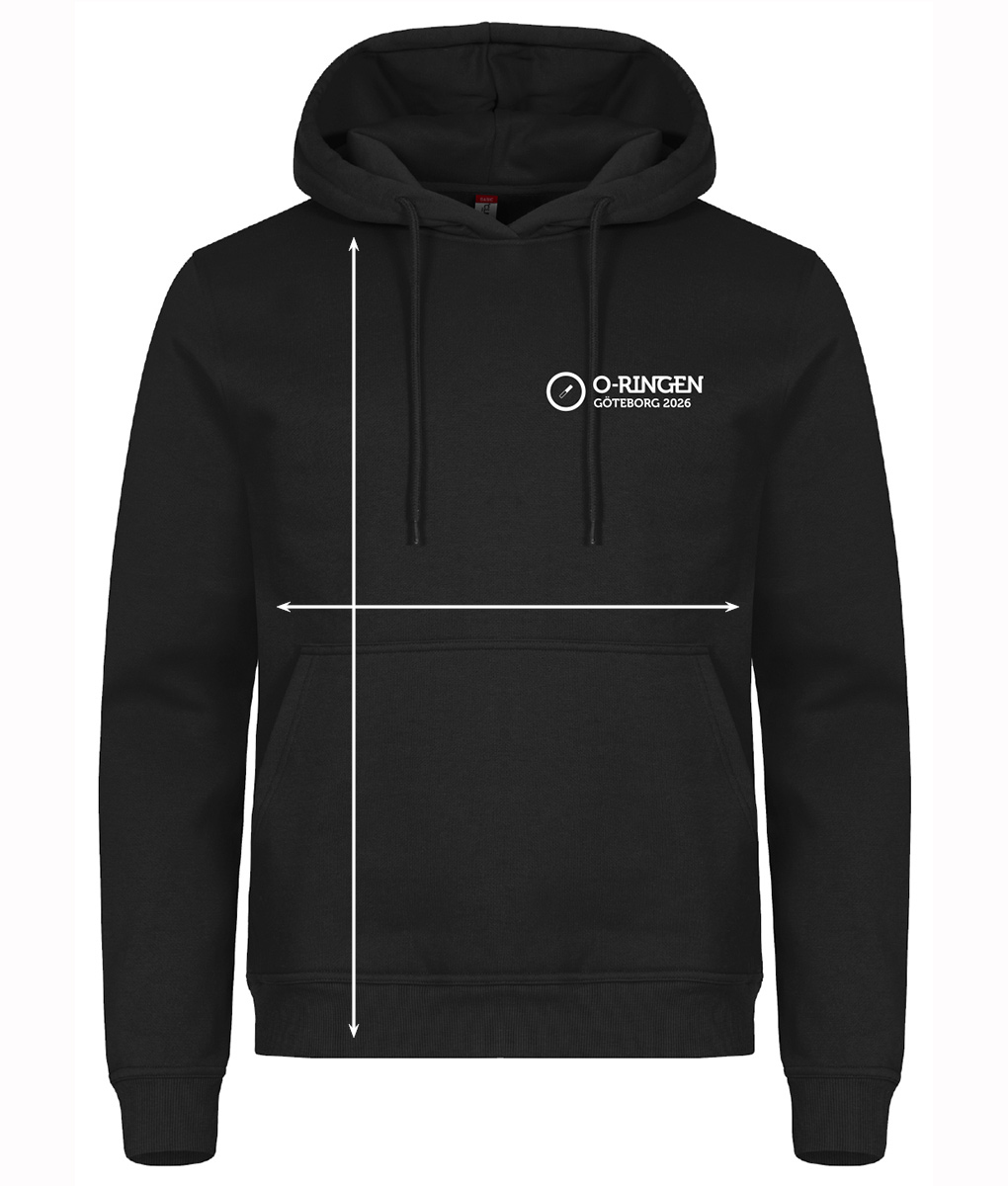Svart hoodie med en vit o-ringen göteborg 2026 logo på bröstet. Hoodien visas framifrån mot vit bakgrund.