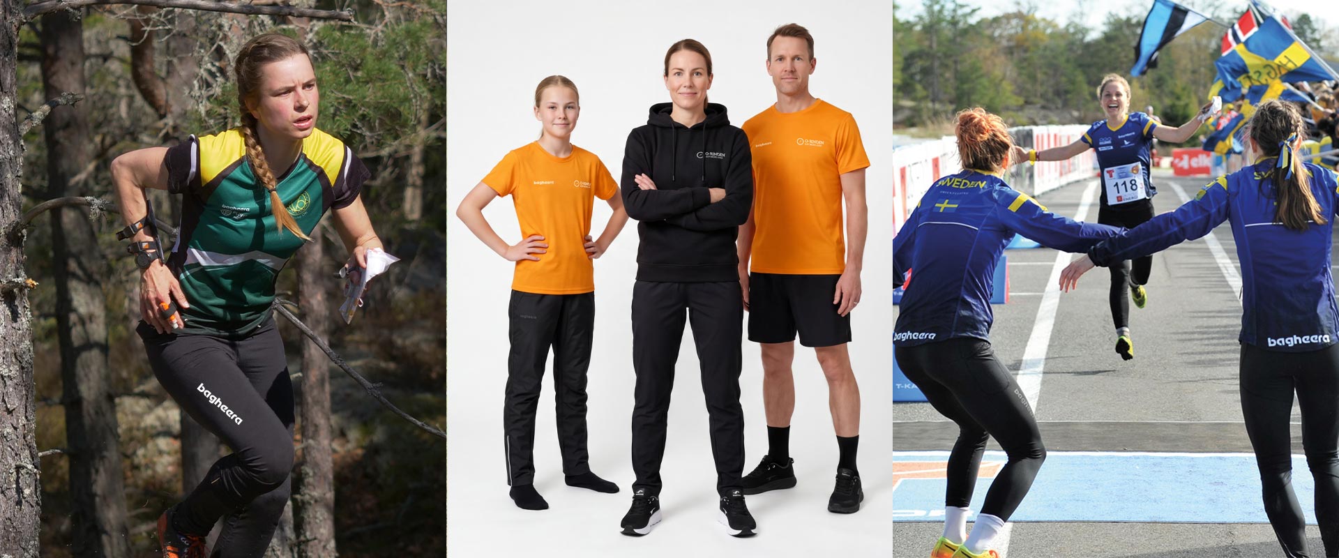 Orientering i skogen O-ringen 2026 Göteborg svart hoodie och orangea t-shirts. En familj har på sig hoodie och orangea t-shirts och står bredvid varandra i en studio med vit bakgrund. Orienteringslandslaget.