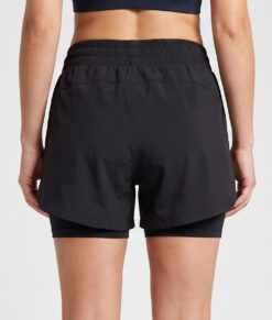 Kvinnlig modell visar ett par svarta korta tränings shorts med tights i. Modellen står bakifrån i en studio med ljusgrå bakgrund.