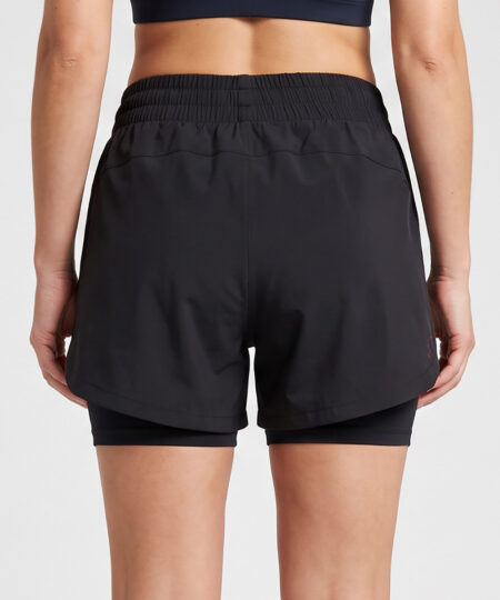 Kvinnlig modell visar ett par svarta korta tränings shorts med tights i. Modellen står bakifrån i en studio med ljusgrå bakgrund.