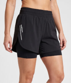 Kvinnlig modell visar ett par svarta korta tränings shorts med tights i. Modellen står framifrån i en studio med ljusgrå bakgrund.