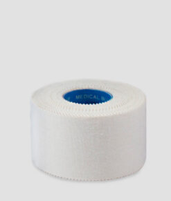 A roll of white Sportdoc medical blue 38mm sports tape. The tape is shown diagonally from the side against a light grey background. 