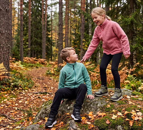 En pojke och en flicka i 8-10 års åldern leker på en sten i en höstig skog. Pojken har på sig ett shere kahn set med mintblå tröja och svarta byxor och ett par glee skor. Tjejen har en rosa Comfy tröja och ett par svarta base tights och ett bar glee skor från bagheera.