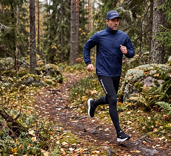 En kille är ute och springer i en höstig skog. Han har på sig en blå poly base cap, en marinblå selva löparjacka och svarta race elite tights och prime löparskor från bagheera.